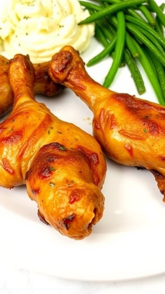 Oven-Baked Frozen Chicken Drumsticks Recipe Crispy oven-baked chicken drumsticks on a plate with mashed potatoes and green beans.